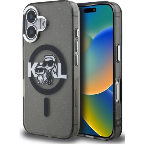 Karl Lagerfeld IML Glitter Karl and Choupette Sketch iPhone 16 MagSafe kompatibilis hátlap tok, fekete