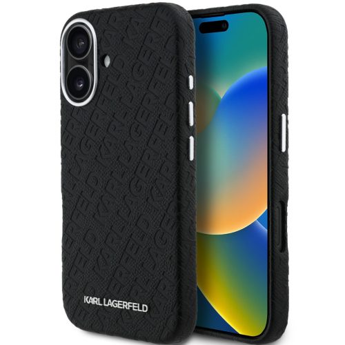 Karl Lagerfeld Grained PU Repeated Logo iPhone 16 MagSafe kompatibilis hátlap tok, fekete