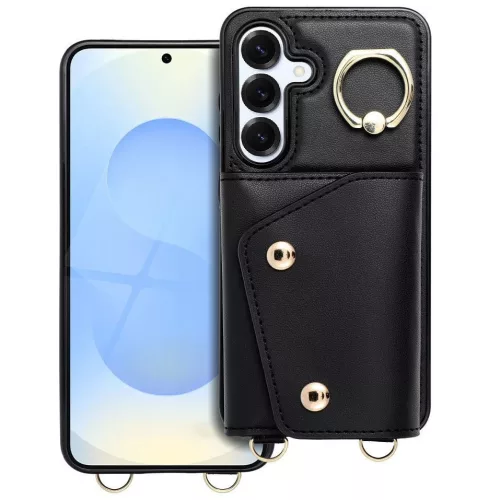 Wonder Samsung Galaxy A56 kártyatartós tok gyűrűs kitámasztóval, csuklóra / vállra akasztható pánttal, fekete