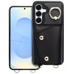   Wonder Samsung Galaxy A16 5G kártyatartós tok gyűrűs kitámasztóval, csuklóra / vállra akasztható pánttal, fekete