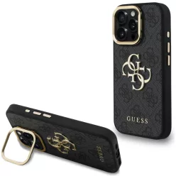   Guess PU 4G Metal Logo Apple iPhone 16 Pro hátlap tok kitámasztható kamera peremmel, fekete-arany