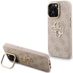   Guess PU 4G Metal Logo Apple iPhone 15 Pro Max hátlap tok kitámasztható kamera peremmel, rózsaszín-arany