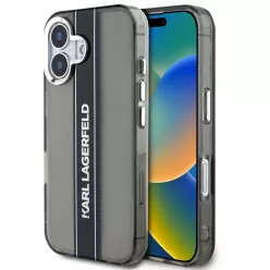  Karl Lagerfeld IML Stripe Logo iPhone 16 tok kameravédő peremmel, fekete