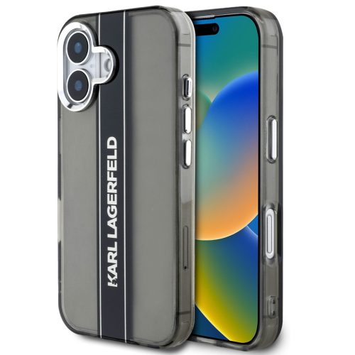 Karl Lagerfeld IML Stripe Logo iPhone 16 tok kameravédő peremmel, fekete