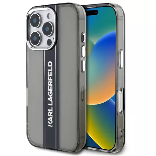 Karl Lagerfeld IML Stripe Logo iPhone 16 Pro tok kameravédő peremmel, fekete