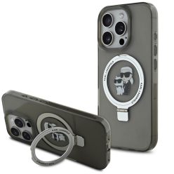   Karl Lagerfeld Ringstand Karl and Choupette iPhone 16 Pro MagSafe tok kitámasztóval, fekete
