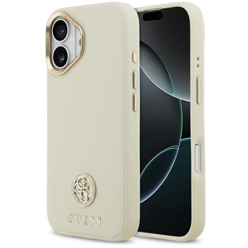 Guess 4G Grained Strass Logo Apple iPhone 17 MagSafe tok kameravédő peremmel, bézs-arany