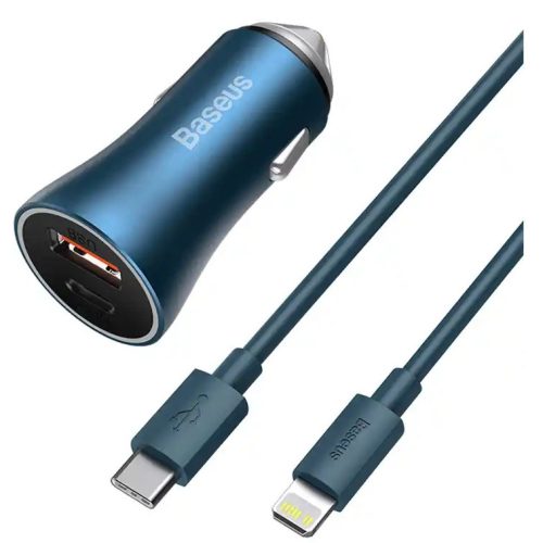 Baseus Golden Contactor Pro USB-A-USB-C autós gyorstöltő 40W + USB-C-Lightning kábel, 20W, 1m, kék