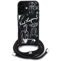   Karl Lagerfeld Crossbody Grained Pattern & Logo iPhone 16 műbőr hátlap tok vállpánttal, MagSafe, fekete