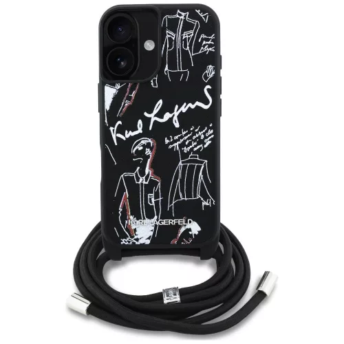 Karl Lagerfeld Crossbody Grained Pattern & Logo iPhone 16 műbőr hátlap tok vállpánttal, MagSafe, fekete