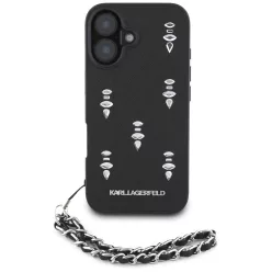   Karl Lagerfeld Saffiano Crystals iPhone 16 hátlap tok karlánccal, fekete