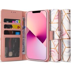   Apple iPhone 13 Pro Max, Oldalra nyíló tok, stand, mágnes csattal, márvány minta, TP Wallett Marble, fehér/rózsaszín