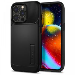   Apple iPhone 13 Pro, Szilikon tok, műanyag hátlappal, kitámasztóval, Spigen Slim Armor, fekete