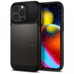   Apple iPhone 13 Pro, Szilikon tok, műanyag hátlappal, kitámasztóval, Spigen Slim Armor, sötétszürke