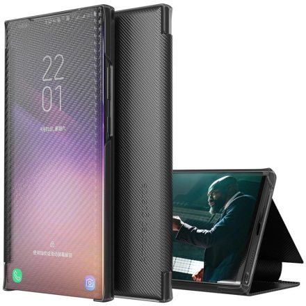 Samsung Galaxy A42 5G SM-A426B, Oldalra nyíló tok, stand, hívás mutatóval, kevlár minta, Wooze Smart View Cover Carbon, fekete