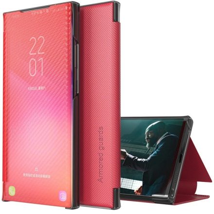 Samsung Galaxy M31 SM-M315F, Oldalra nyíló tok, stand, hívás mutatóval, kevlár minta, Wooze Smart View Cover Carbon, piros