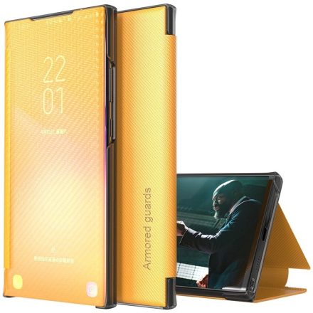 Samsung Galaxy A42 5G SM-A426B, Oldalra nyíló tok, stand, hívás mutatóval, kevlár minta, Wooze Smart View Cover Carbon, sárga