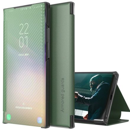 Samsung Galaxy A42 5G SM-A426B, Oldalra nyíló tok, stand, hívás mutatóval, kevlár minta, Wooze Smart View Cover Carbon, zöld