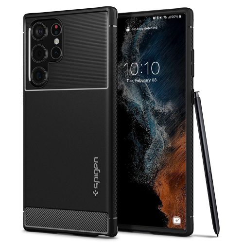 Samsung Galaxy S22 Ultra 5G SM-S908, Szilikon tok, Spigen Rugged Armor, karbon minta, fekete