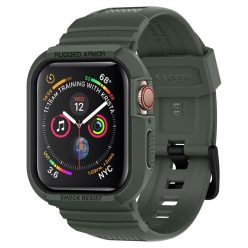   Apple Watch 4-7, SE (44mm / 45mm), Szilikon védőkeret, ütésálló, szíjjal, Spigen Rugged Armor Pro, sötétzöld