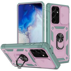   Apple iPhone 11 Pro, Műanyag hátlap védőtok és előlapi keret, szilikon belső, közepesen ütésálló, kamera védelem, telefontartó gyűrű, Wooze Military Armor, zöld/rózsaszín