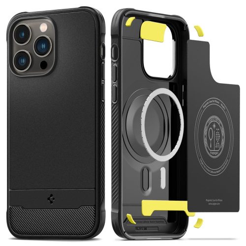 Apple iPhone 14 Pro Max, Szilikon tok + műanyag hátlap, közepesen ütésálló, Magsafe töltővel kompatibilis, karbon minta, Spigen Rugged Armor Mag, fekete