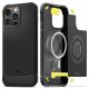 Apple iPhone 14 Pro Max, Szilikon tok + műanyag hátlap, közepesen ütésálló, Magsafe töltővel kompatibilis, karbon minta, Spigen Rugged Armor Mag, fekete