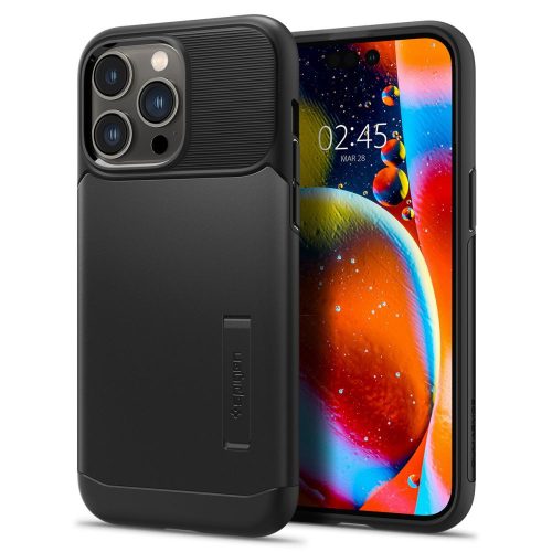 Apple iPhone 14 Pro Max, Szilikon tok, műanyag hátlappal, kitámasztóval, Spigen Slim Armor, fekete