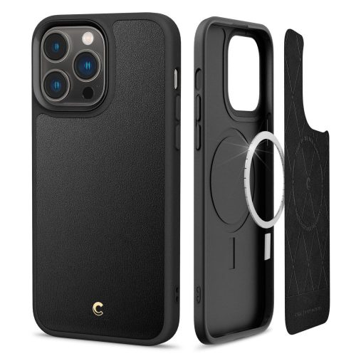 Apple iPhone 14 Pro Max, Szilikon védőkeret + műanyag hátlap, bőrrel bevont hátlap, Magsafe töltővel kompatibilis, Spigen Ciel Cyrill Kajuk Mag, fekete