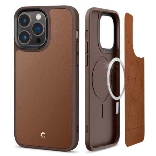 Apple iPhone 14 Pro Max, Szilikon védőkeret + műanyag hátlap, bőrrel bevont hátlap, Magsafe töltővel kompatibilis, Spigen Ciel Cyrill Kajuk Mag, barna