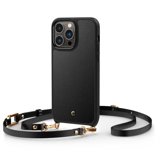Apple iPhone 14 Pro Max, Szilikon védőkeret + műanyag hátlap, bőrrel bevont hátlap, nyakbaaksztó, Magsafe töltővel kompatibilis, Spigen Ciel Cyrill Classic Charm Mag, fekete