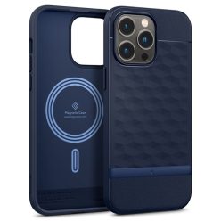   Apple iPhone 14 Pro Max, Szilikon tok + műanyag keret, közepesen ütésálló, Magsafe töltővel kompatibilis, 3D hatszög minta, Spigen Caseology Parallax Mag, sötétkék
