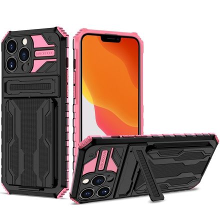 Apple iPhone 12 Pro Max, Műanyag hátlap védőtok szilikon belső, közepesen ütésálló, kitámasztóval, kártyatartóval, Wooze Transformer, fekete/rózsaszín