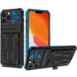   Apple iPhone 12 Pro, Műanyag hátlap védőtok szilikon belső, közepesen ütésálló, kitámasztóval, kártyatartóval, Wooze Transformer, fekete/kék
