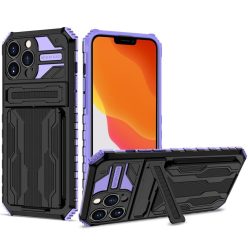   Samsung Galaxy A22 5G SM-A226B, Műanyag hátlap védőtok szilikon belső, közepesen ütésálló, kitámasztóval, kártyatartóval, Wooze Transformer, fekete/lila
