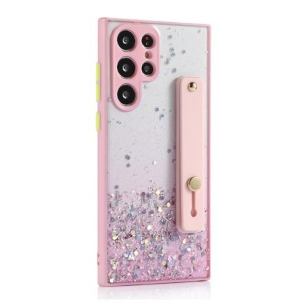 Apple iPhone 11 Pro Max, Szilikon tok, közepesen ütésálló, kézpánttal, színátmenetes, csillogó minta, Wooze Strap Star, mintás/rózsaszín