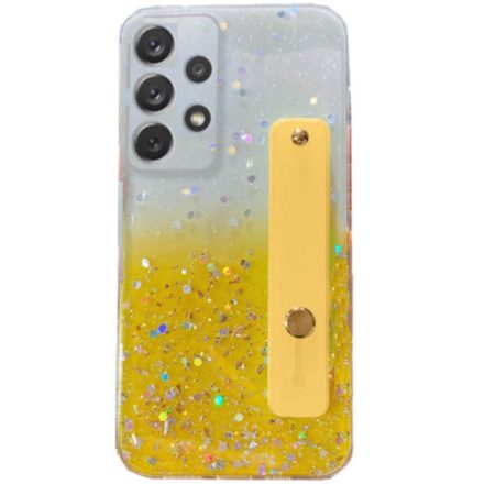 Apple iPhone 11, Szilikon tok, közepesen ütésálló, kézpánttal, színátmenetes, csillogó minta, Wooze Strap Star, mintás/sárga