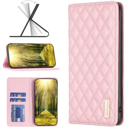 Apple iPhone 12 Pro Max, Oldalra nyíló tok, stand, kártyatartóval, 3D rombusz minta, Wooze Pillow, rózsaszín