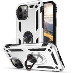   Apple iPhone 15 Plus, Műanyag hátlap védőtok, közepesen ütésálló, szilikon belső, telefontartó gyűrű, Defender, ezüst