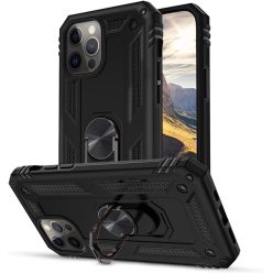   Apple iPhone 15 Plus, Műanyag hátlap védőtok, közepesen ütésálló, szilikon belső, telefontartó gyűrű, Defender, fekete