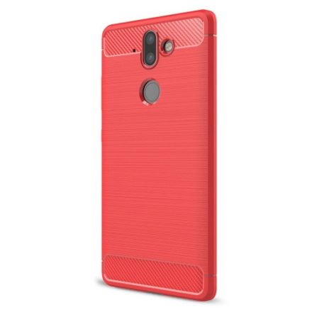 Huawei Honor 7X, TPU szilikon tok, közepesen ütésálló, szálcsiszolt, karbon minta, piros