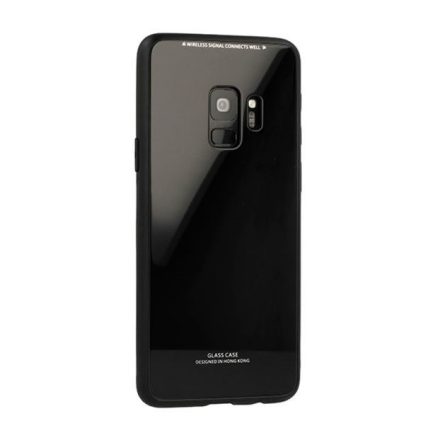 Samsung Galaxy A20 / A30 SM-A205F / A305F, TPU szilikon védőkeret, üveg hátlap, Glass Case, fekete