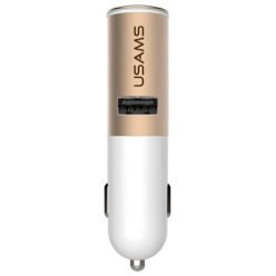  Autós töltő, Szivargyújtós töltő + Bluetooth fülhallgató, 5V / 3100mA, USB aljzat, v4.1, Usams LT, fehér/arany