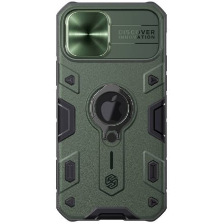Apple iPhone 12 / 12 Pro, Műanyag hátlap védőtok, közepesen ütésálló, kameravédelem, telefontartó gyűrű, logó kivágással, Nillkin CamShield Armor, zöld