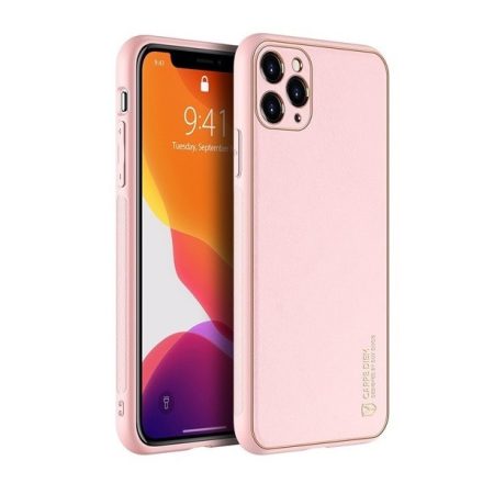 Apple iPhone 12 Pro Max, Műanyag hátlap védőtok + szilikon fémhatású keret, közepesen ütésálló, bőrhatású hátlap, Dux Ducis Yolo, rózsaszín