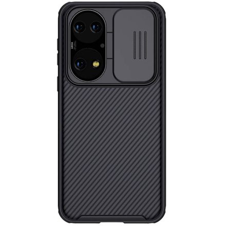 Huawei P50 / P50E, Műanyag hátlap + szilikon keret, közepesen ütésálló, kamera védelem, csíkos minta, Nillkin CamShield Pro, fekete