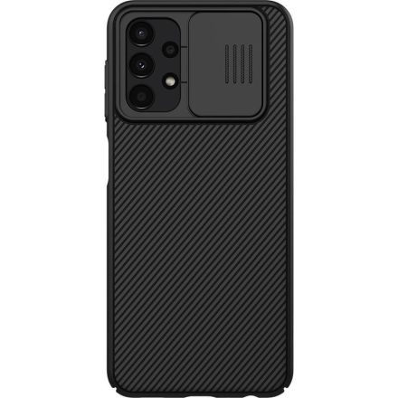 Samsung Galaxy A13 4G SM-A135F, Műanyag hátlap védőtok, közepesen ütésálló, kamera védelem, csíkos minta, Nillkin CamShield, fekete