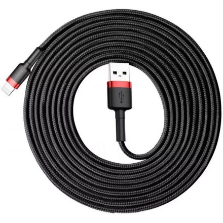 USB töltő- és adatkábel, Lightning, 300 cm, 2000 mA, törésgátlóval, gyorstöltés, cipőfűző minta, Baseus Cafule, CALKLF-R91, fekete/piros