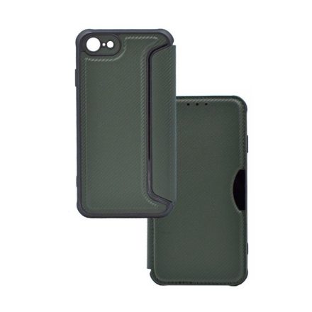 Apple iPhone 7 / 8 / SE (2020) / SE (2022), Oldalra nyíló tok, légpárnás sarok, bőrhatású, karbon minta, Razor Book, zöld