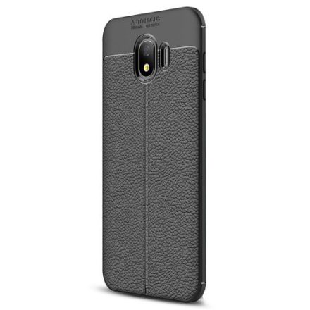 Samsung Galaxy J4 (2018) SM-J400F, TPU szilikon tok, bőrhatású, varrásminta, fekete
